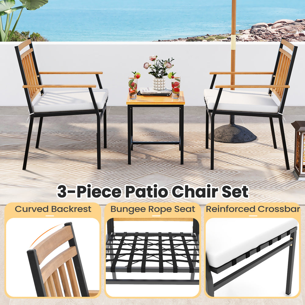 3-piece patio chair set featuring acacia wood backrest, bungee rope seats, and soft cushions for outdoor comfort.