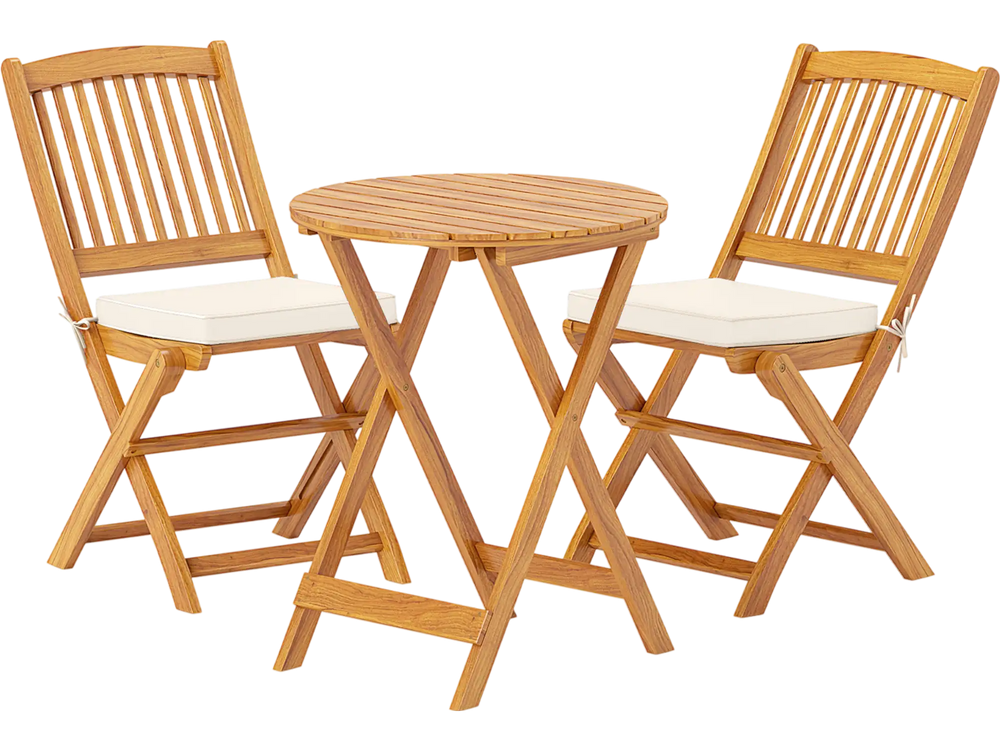 Acacia wood patio bistro set with two folding chairs and soft beige cushions, perfect for outdoor dining or lounging.