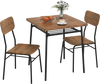 Square wood dining table set with metal frame and two chairs, perfect for small spaces and cozy meals.