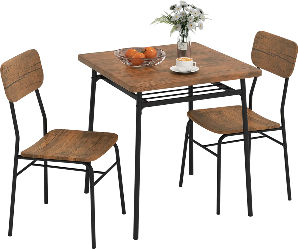 Square wood dining table set with metal frame and two chairs, perfect for small spaces and cozy meals.