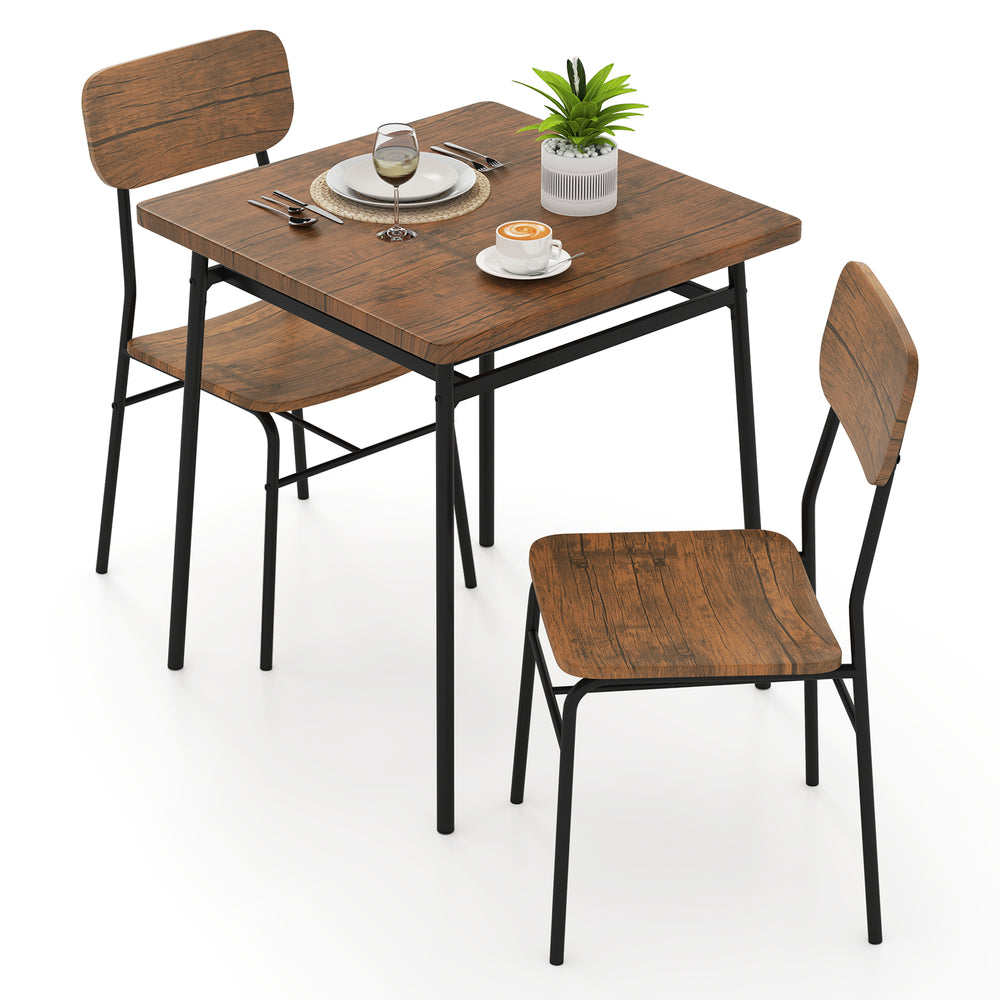 3-piece dining table set featuring a brown wood square table and two chairs with metal frames, ideal for small spaces.