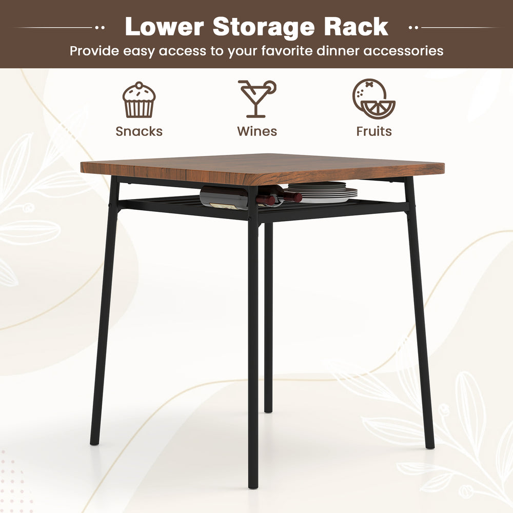 Square dining table with a brown veneered MDF top and metal frame, featuring a lower storage rack for snacks and wines.