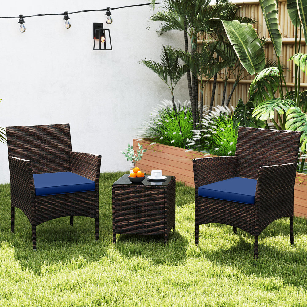 3 Pieces Outdoor Conversation Set with Cushioned Seat and Glass Tabletop-Navy - Gallery View 1 of 10