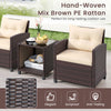 Hand-woven mix brown PE rattan patio sofa set with beige cushions and coffee table, perfect for outdoor relaxation.