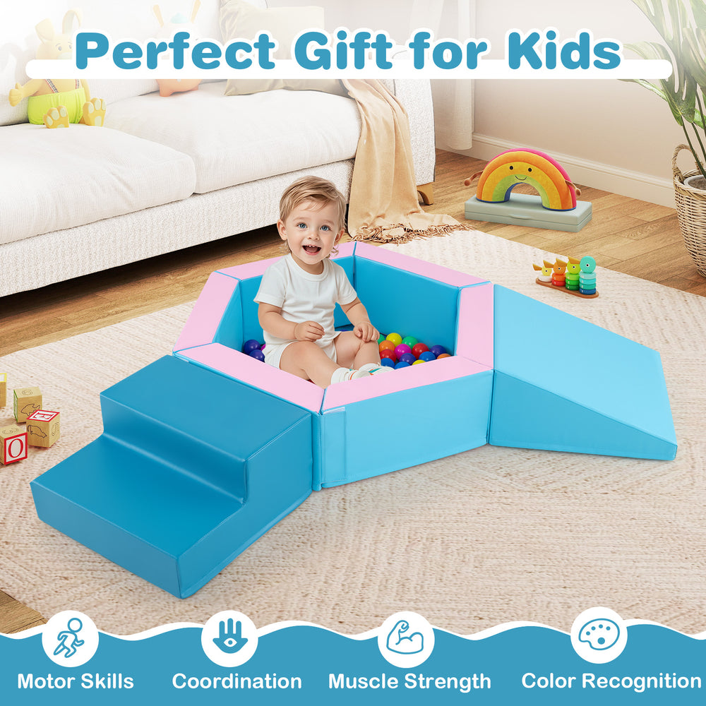 Baby foam climbing blocks set in blue with 100 ocean balls, promoting motor skills and coordination for kids.