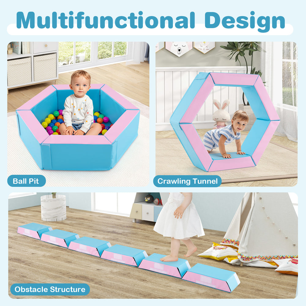 Colorful 3-piece baby foam climbing blocks set with ball pit, crawling tunnel, and obstacle structure for playrooms.
