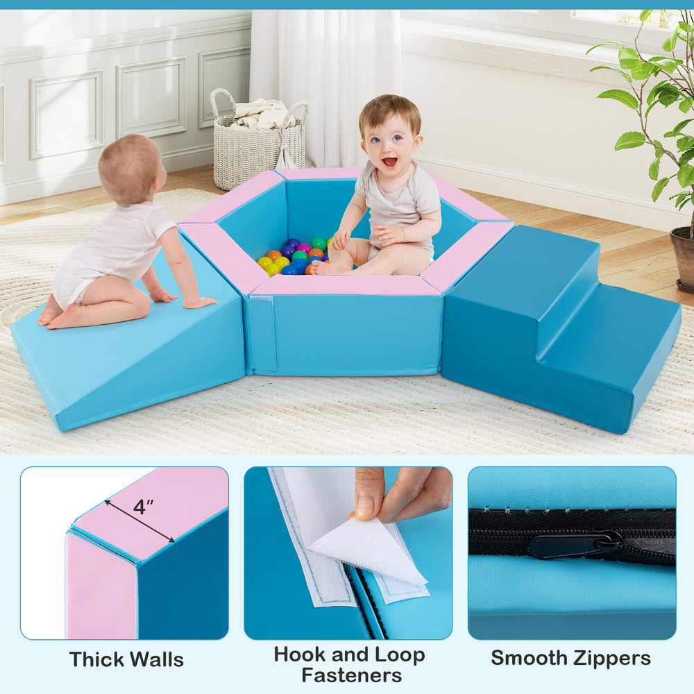 Colorful 3-piece baby foam climbing blocks set with 100 ocean balls, designed for safe play and motor skill development.