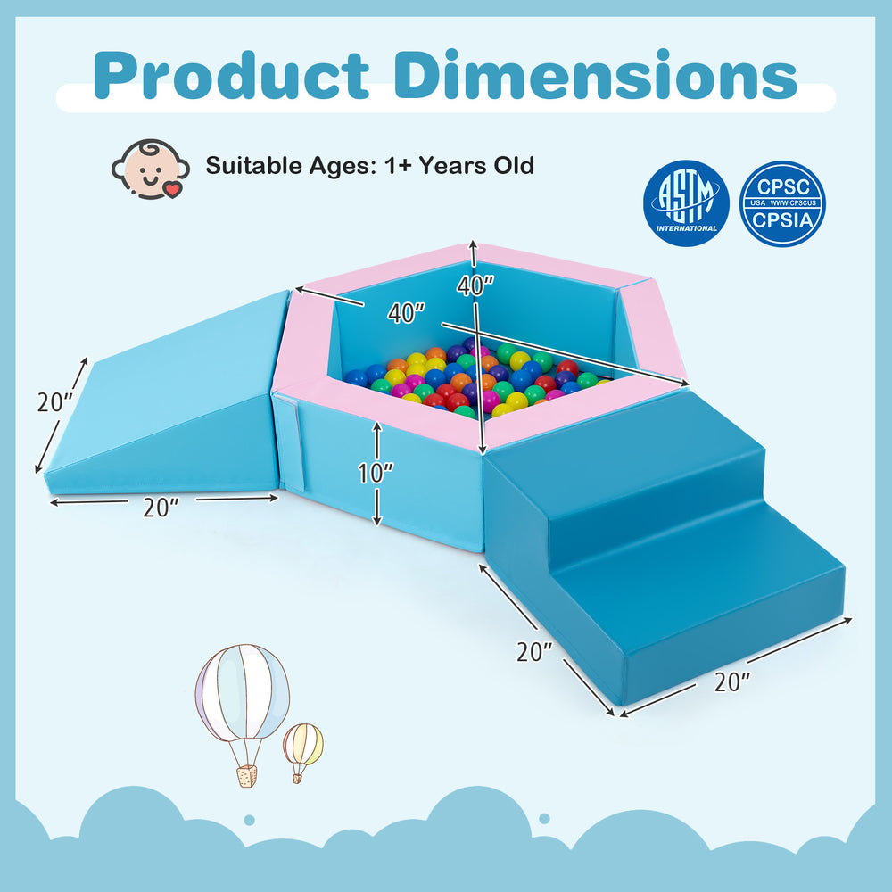 3-piece baby foam climbing blocks set in blue with dimensions, includes 100 ocean balls for play and development.