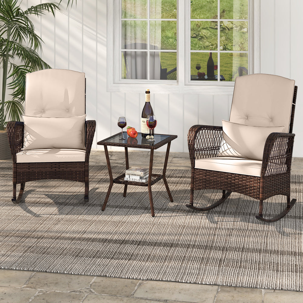 3 Pieces Rocking Bistro Set with 2-Tier Coffee Table-Brown - Gallery View 1 of 10