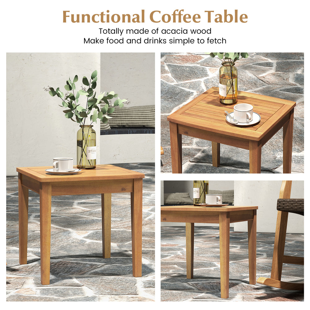 Acacia wood coffee table with a sleek design, perfect for outdoor use alongside rocking chairs on the patio.