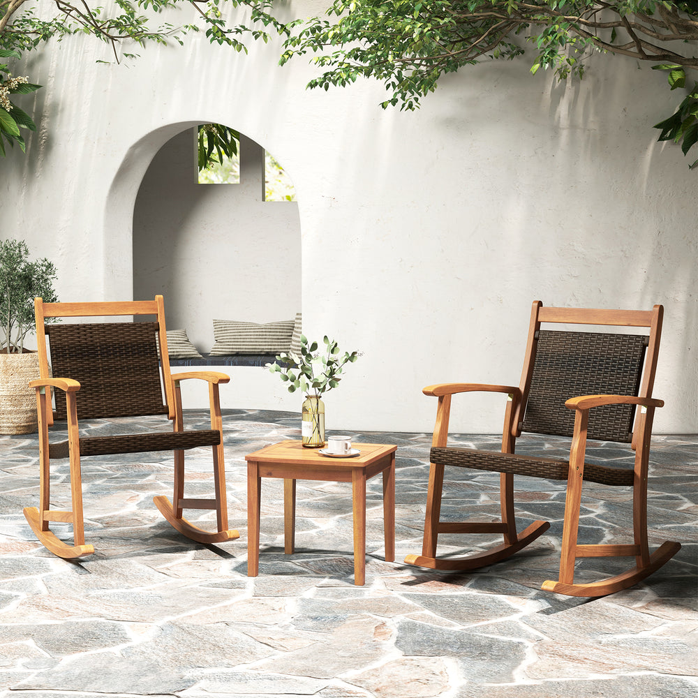 Close-up of the weather-resistant wicker texture on the acacia wood patio rocking chair set, ideal for outdoor comfort.