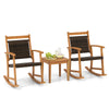 Solid acacia wood rocking chairs with high backrests and a side table, ideal for relaxing on your patio or garden.
