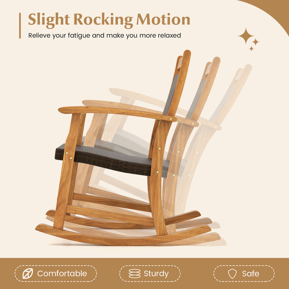 Acacia wood rocking chair from the 3-piece set, featuring a comfortable ergonomic design for patio relaxation.
