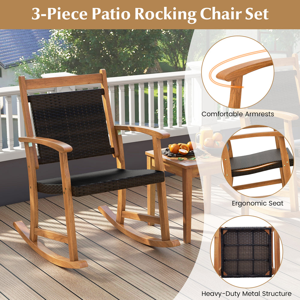 3-piece acacia wood patio rocking chair set with ergonomic design and side table, perfect for outdoor relaxation.