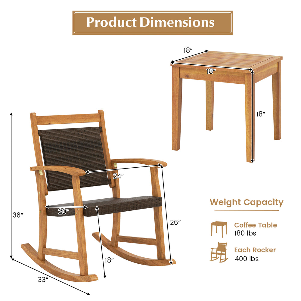 Acacia wood rocking chair set with side table, featuring weather-resistant wicker, perfect for patio or garden.