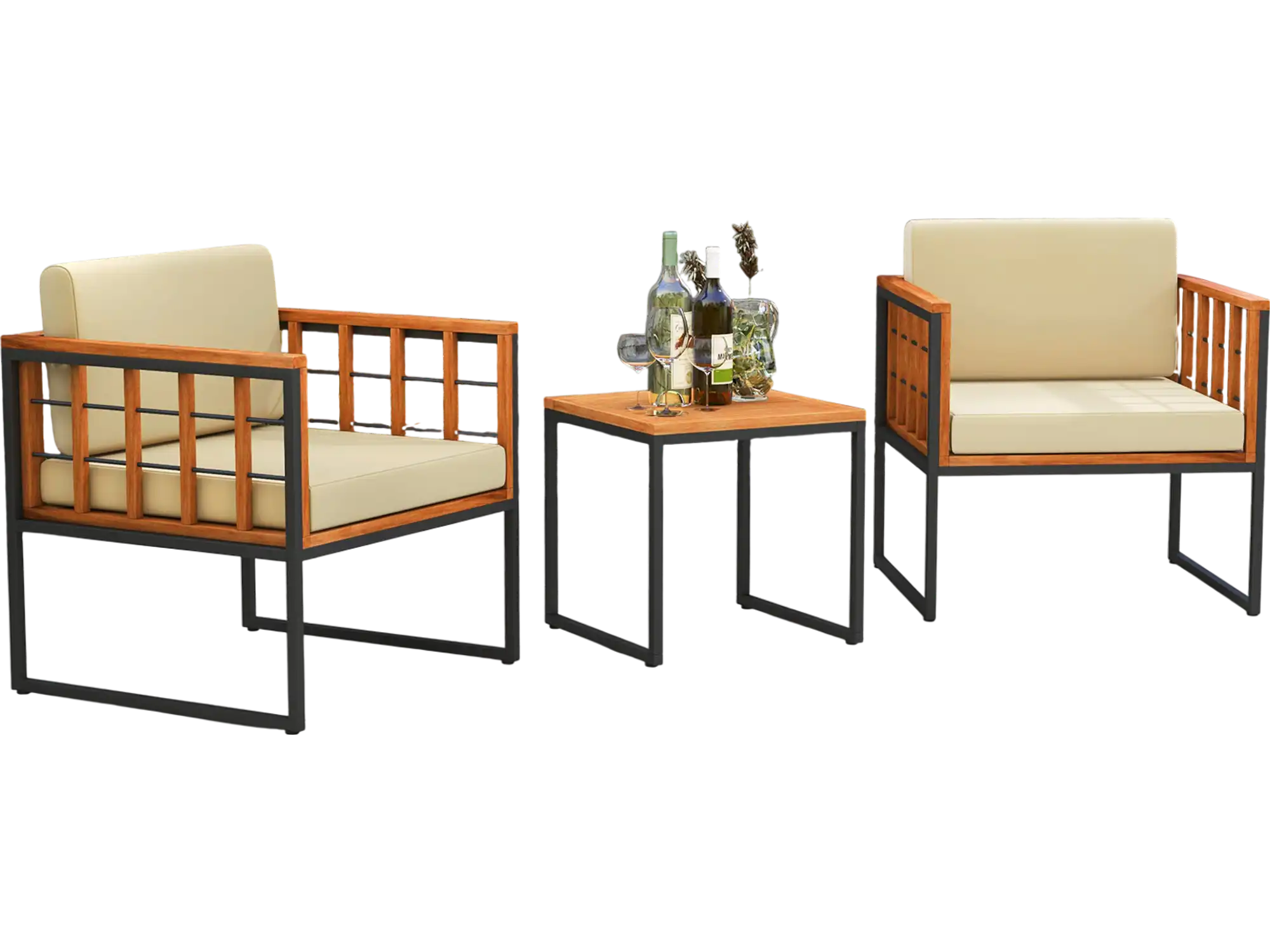 Costway 3-Pc Acacia Wood Patio Chair Sofa Set Beige Cushions 21965387 New