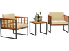Front view of a 3-piece patio chair set with acacia wood frames and soft beige cushions, perfect for stylish outdoor.