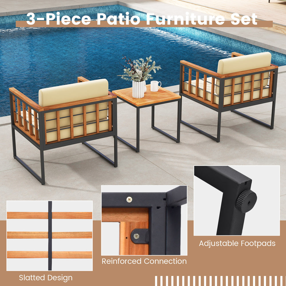 3-piece patio chair set featuring acacia wood and soft beige cushions, ideal for outdoor relaxation by the pool.