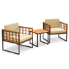 Side view of a 3-piece patio chair set with acacia wood frame and beige cushions, designed for stylish outdoor seating.