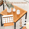 Acacia wood tabletop with slatted design and metal frame, ideal for outdoor use with a stylish and durable finish.