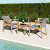 Two acacia wood chairs with hand-woven PE rattan and a coffee table, perfect for patio relaxation.
