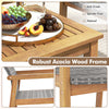 Close-up of the robust acacia wood frame with slatted tabletop and hand-woven PE rattan, ideal for patio use.