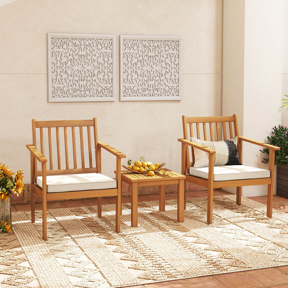 Three-piece patio wood furniture set featuring acacia wood frames and soft cushions, perfect for porch relaxation.