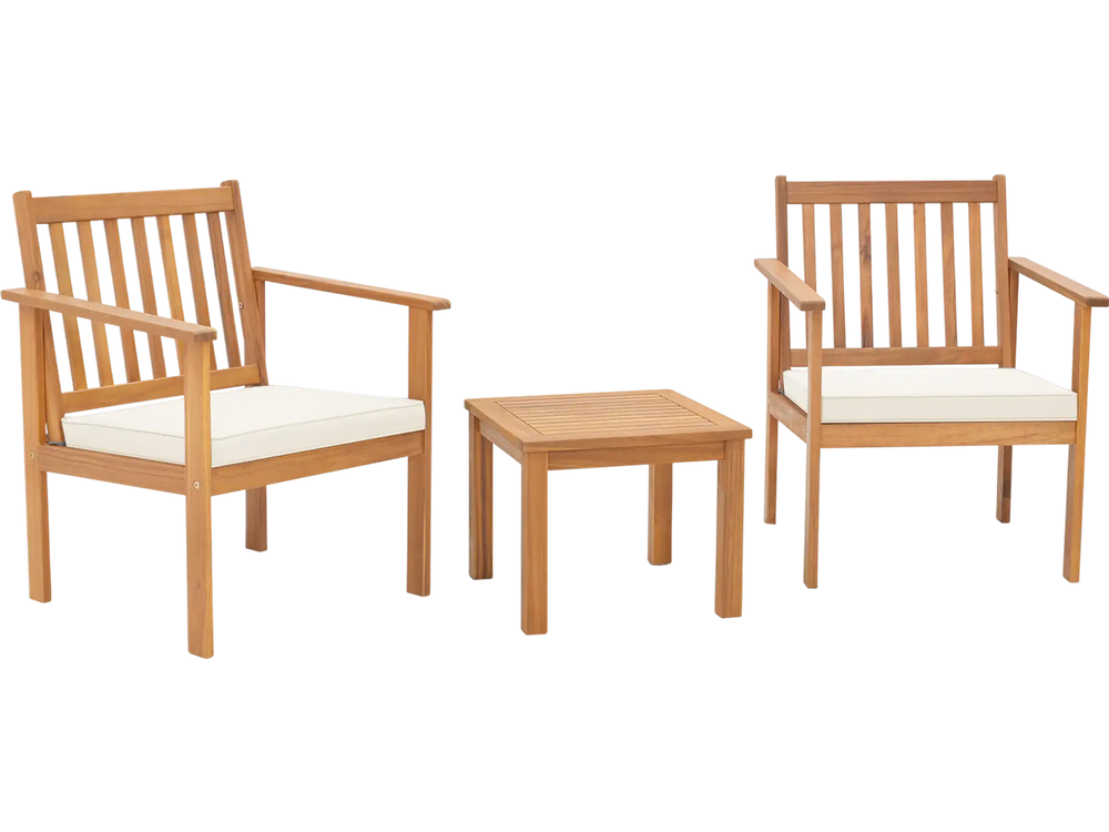 Two acacia wood chairs with soft cushions and a matching table, perfect for backyard or porch relaxation.
