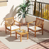 Two acacia wood chairs with soft white cushions and a matching table, perfect for outdoor porch relaxation.