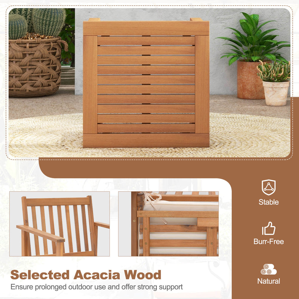 Acacia wood chair with slatted design and soft cushions, perfect for outdoor patio or porch relaxation.
