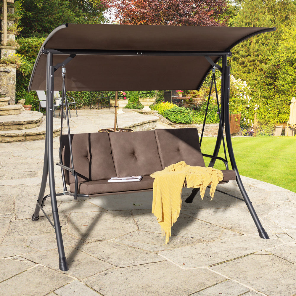 3-Seat Outdoor Porch Swing with Adjustable Canopy and Padded Cushions-Brown - Gallery View 1 of 10