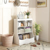 3-tier white children's bookcase with 4 cubbies and bottom bin, ideal for organizing toys and books in any room.
