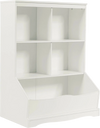 White 3-tier children's bookcase with 4 cubbies and a bottom storage bin, ideal for organizing toys and books.