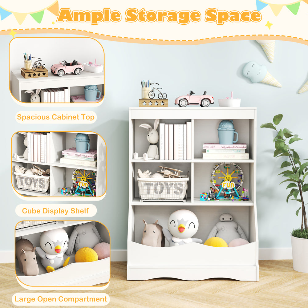 3-tier children's bookcase in white with spacious top, cubbies, and bottom bin for organizing toys and books.