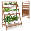 3-tier bamboo ladder shelf in brown, featuring a foldable design for indoor or outdoor plant display and storage.
