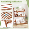 3-tier brown bamboo ladder shelf with triangular structure, ideal for indoor and outdoor plant display and storage.
