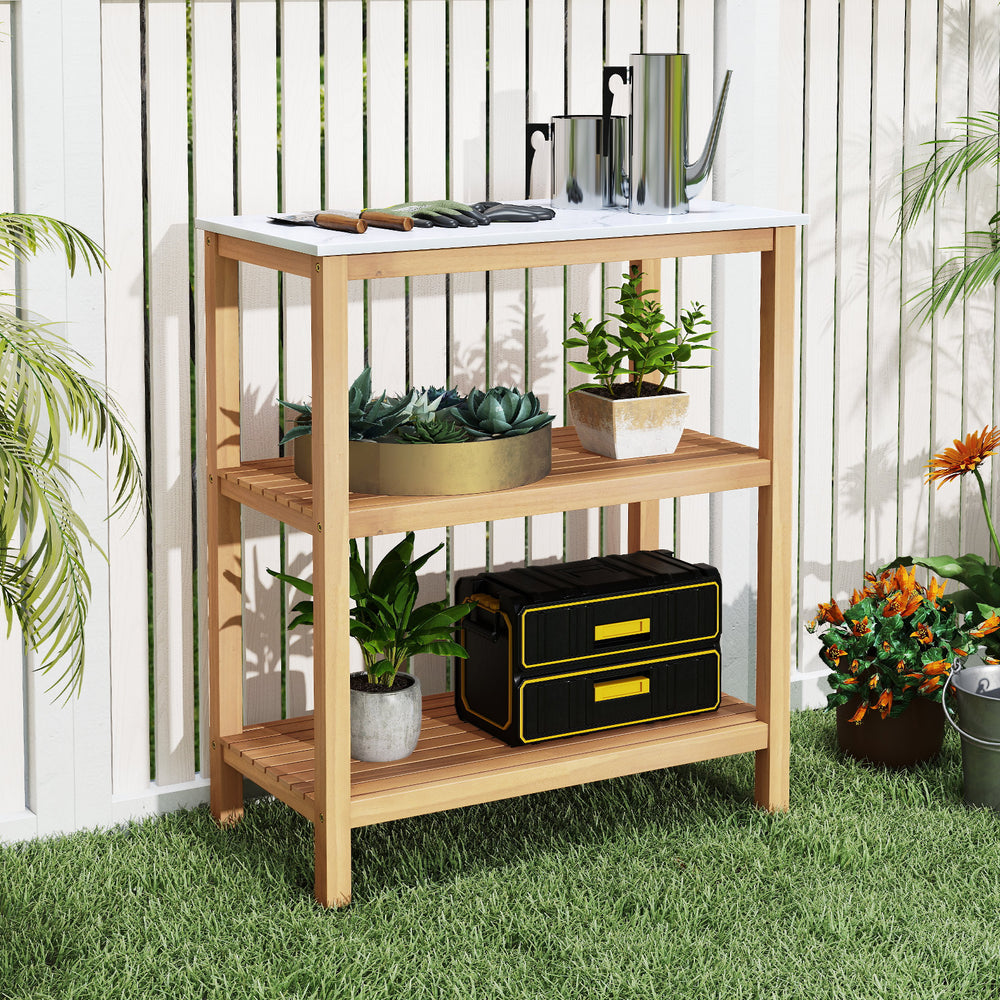 3-tier garden potting bench table with acacia wood frame and marble-like countertop, perfect for outdoor gardening.