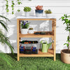 3-tier garden potting bench table with acacia wood frame and marble-like countertop, ideal for outdoor gardening.