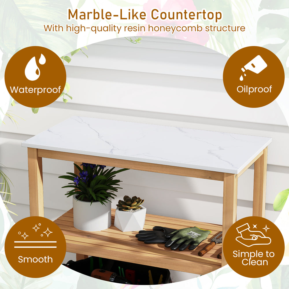 3-tier garden potting bench table with marble-like countertop, acacia wood frame, waterproof and easy to clean for.
