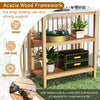 3-tier garden potting bench table with acacia wood frame and marble-like countertop, ideal for backyard and garden use.