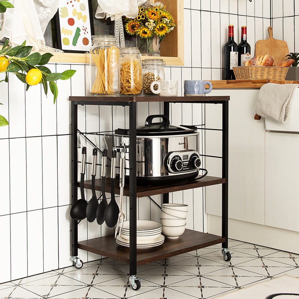 3-Tier Kitchen Baker's Rack Microwave Oven Storage Cart with Hooks-Charcoal Brown - Gallery View 1 of 10