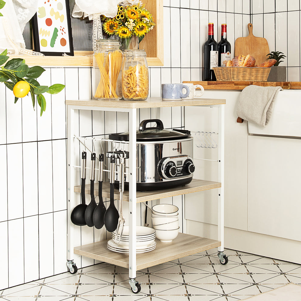 3-Tier Kitchen Baker's Rack Microwave Oven Storage Cart with Hooks-Light Brown - Gallery View 1 of 10