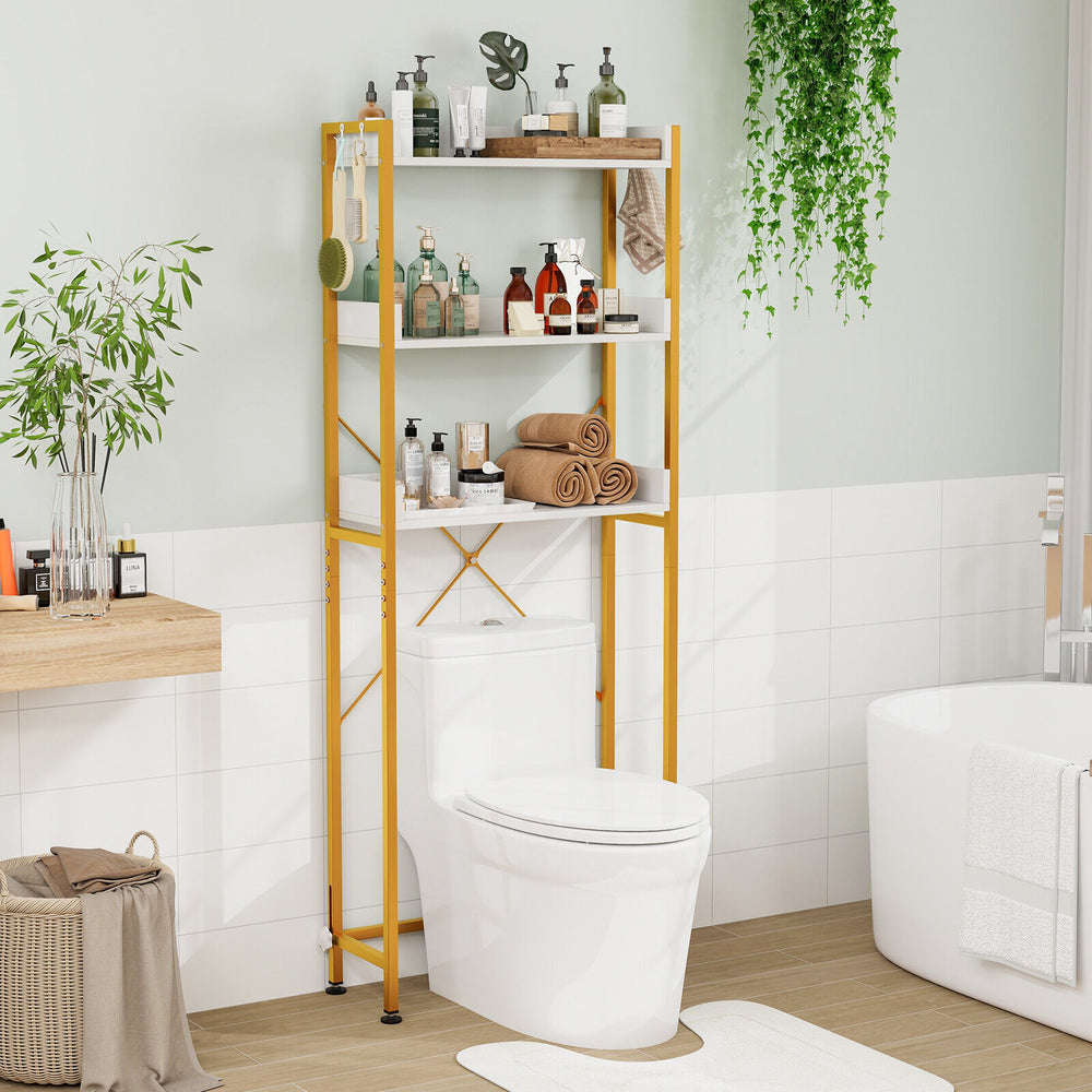 Over The Toilet Storage Rack with Hooks and Adjustable Bottom Bar-White - Gallery View 1 of 10