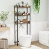 Over the toilet storage rack in rustic brown with three shelves, hooks, and adjustable bottom bar for bathroom.