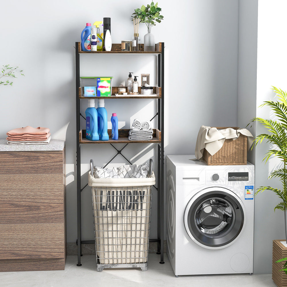 Over the toilet storage rack in rustic brown with three shelves, hooks, and adjustable bottom bar for versatile.