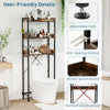 Over the toilet storage rack in rustic brown with three shelves, adjustable bottom bar, and hooks for towels.