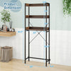 Height dimensions of the rustic brown over the toilet storage rack, featuring three shelves and adjustable bottom bar.