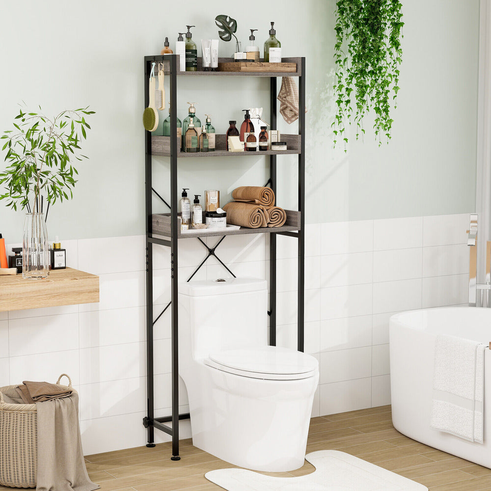 Over The Toilet Storage Rack with Hooks and Adjustable Bottom Bar-Gray - Gallery View 1 of 10