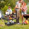 Black 3-tier utility cart with wheels, ideal for outdoor gatherings, supporting up to 55lbs per tier for versatile use.