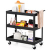 3-tier black metal utility cart with handle, featuring ample storage and 360° rotating wheels for easy transport.